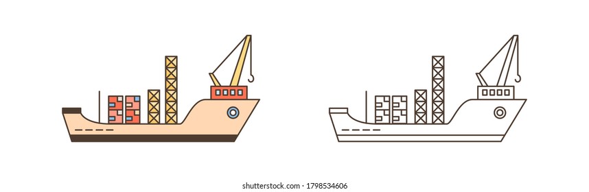 Color and monochrome cargo ships with containers and crane vector illustration in line art style. Set of freight vessels or transportation isolated. Shipment and loading international service