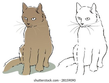 Color and monochrome stylized vector image of a sitting cat.