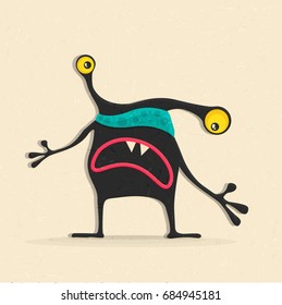 Color monster with emotions. Funny character on desert yellow background. cartoon illustration