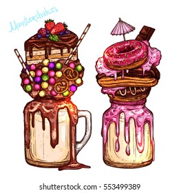 Color Monstershakes In Sketch Style. Freak And Crazy Milkshakes. Hand Drawn Creative Dessert