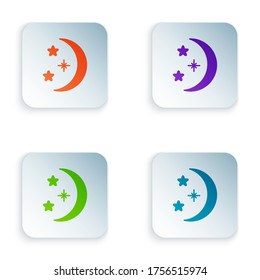 Color Moon and stars icon isolated on white background. Set colorful icons in square buttons. Vector Illustration