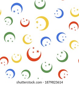 Color Moon and stars icon isolated seamless pattern on white background. Vector.