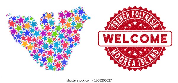 Color Moorea Island map composition of stars, and distress round red WELCOME stamp. Abstract territorial plan in bright color hues. Vector Moorea Island map is done of bright stars.
