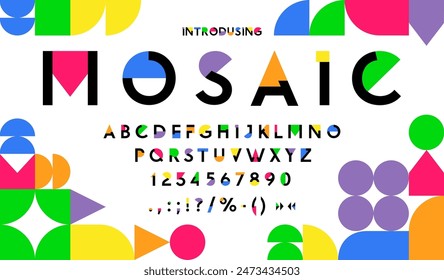 Color mosaic geometry font, retro art type. Vector vibrant, playful abc uppercase letters, numbers and symbols made of colorful shapes. Children modern typeface, English alphabet in childish style