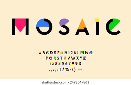 Color mosaic geometry font, retro art type of english alphabet letters and numbers. Vector typography abc font with rainbow color geometric shapes pattern. Abstract alphabet characters, urban typo