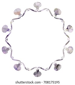 Color mosaic round frame with shells silhouettes. Vector clip art.