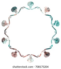 Color mosaic round frame with shells silhouettes. Vector clip art.