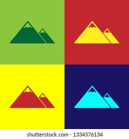 Color Mountains icon isolated on color backgrounds. Symbol of victory or success concept. Flat design. Vector Illustration