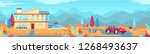 Color mountains landscape, modern country house and red car vector illustration