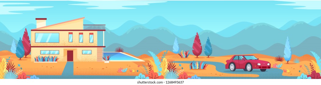 Color mountains landscape, modern country house and red car vector illustration