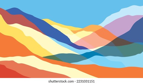 Color mountains, translucent waves. Multicolored abstract glass shapes, modern background, vector design Illustration for you project