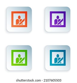 Color Mourning photo frame with black ribbon icon isolated on white background. Funeral ceremony and condolence card layout. Set colorful icons in square buttons. Vector