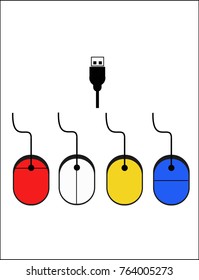 Color mouse and USB. Vector illustration top view