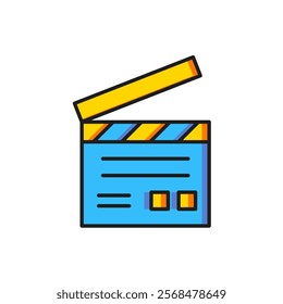 Color Movie clapper icon isolated on white background. Film clapper board. Clapperboard sign. Cinema production or media industry. Flat filled outline style with shadow. Vector