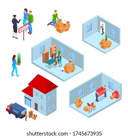 Color Moving New House Concept 3d Isometric View Include Of House, Cardboard Box And Truck. Vector Illustration