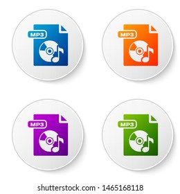 Color MP3 file document. Download mp3 button icon isolated on white background. Mp3 music format sign. MP3 file symbol. Set icons in circle buttons. Vector Illustration