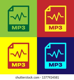 Color MP3 file document icon. Download mp3 button icon isolated on color backgrounds. Mp3 music format sign. MP3 file symbol. Vector Illustration