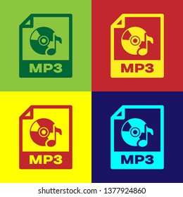 Color MP3 file document icon. Download mp3 button icon isolated on color backgrounds. Mp3 music format sign. MP3 file symbol. Vector Illustration
