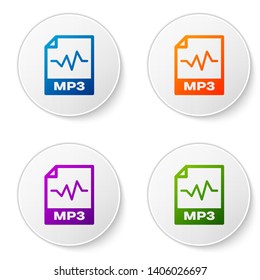 Color MP3 file document icon. Download mp3 button icon isolated on white background. Mp3 music format sign. MP3 file symbol. Set icons in circle buttons. Vector Illustration