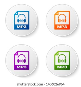 Color MP3 file document icon. Download mp3 button icon isolated on white background. Mp3 music format sign. MP3 file symbol. Set icons in circle buttons. Vector Illustration
