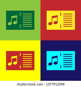 Color Music book with note icon isolated on color backgrounds. Music sheet with note stave. Notebook for musical notes. Flat design. Vector Illustration