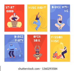 Color Music Fest Cards Moving Playing Instrument Singing People. Start Good Music Night Dance with me Dance Party Open Soul Passion Music Flyers Set. Banner Invitation Poster Flat Vector Illustration