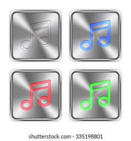 Color music icons engraved in glossy steel push buttons. Well organized layer structure, color swatches and graphic styles.