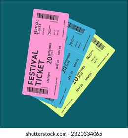 Color Music or Movie Festival Tickets Set Show Concept. Vector illustration of Ticket for Invitation Event