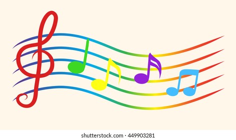 Color Music Notes on Stave. Vector Illustration