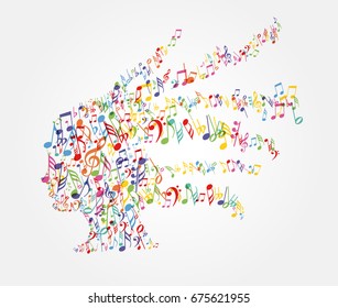 Color music notes splash from woman's head. Fun illustration.