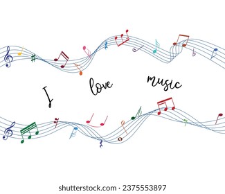 Las notas de música de color ondean el vector aislado en el fondo blanco. Me encanta la música.