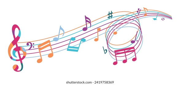 Color music sheet with music notes symbols, flat design vector illustration