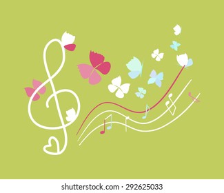 Color music treble clef with element of notes on stave, butterflys. Vector illustration. Can be used for packaging,invitations, decoration, bag template, print for packet.
