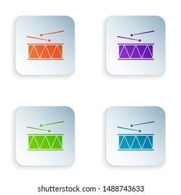 Color Musical instrument drum and drum sticks icon isolated on white background. Set icons in colorful square buttons. Vector Illustration