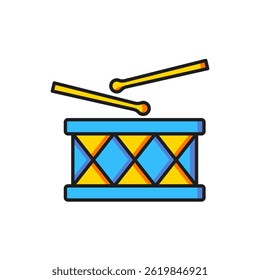 Color Musical instrument drum and drum sticks icon isolated on white background. Flat filled outline style with shadow. Vector