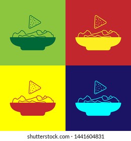 Color Nachos in plate icon isolated on color backgrounds. Tortilla chips or nachos tortillas. Traditional mexican fast food. Vector Illustration