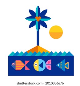 color nautical illustration with stylized tropical landscape