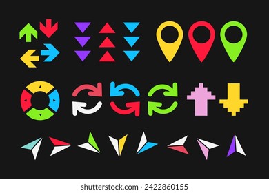 Color navigation elements. Pins and arrows. Vector illustration