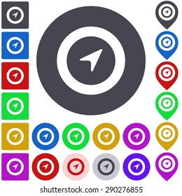 Color navigation icon, button, symbol set. Square, circle and pin versions.