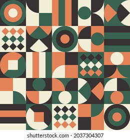 Color Neo Geo Pattern. Abstract Geometric Shapes. Green Black White Orange Color Theme. Design Graphic Seamless Background. Good for Banner, Printing, Element Design Template, Textile Texture, etc