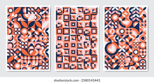 Color neo geo poster. Modern grid flyer with geometric shapes, geometry graphics and abstract background vector set. Geometry grid pattern banner vivid presentation illustration