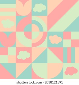 Color Neo Geometric Pattern with Vintage Color Theme. Pink Orange Blue Green Combination. Unique Geometric Shapes and Cloud illustration. Good for Printing Design, Background, Cover, Textile, Poster