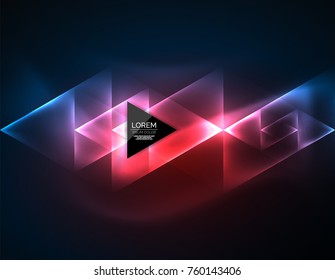 Color neon glowing triangles, abstract background. Vector techno glowing space with triangles and your message. Hi-tech wallpaper