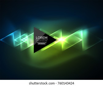 Color neon glowing triangles, abstract background. Vector techno glowing space with triangles and your message. Hi-tech wallpaper