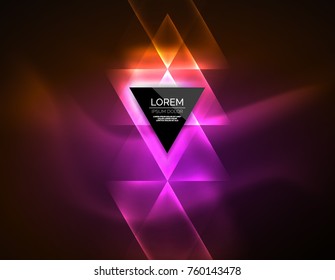 Color neon glowing triangles, abstract background. Vector techno glowing space with triangles and your message. Hi-tech wallpaper