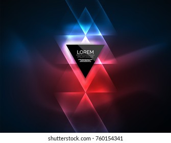 Color neon glowing triangles, abstract background. Vector techno glowing space with triangles and your message. Hi-tech wallpaper