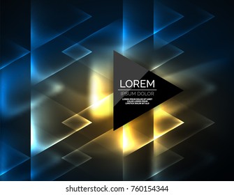 Color neon glowing triangles, abstract background. Vector techno glowing space with triangles and your message. Hi-tech wallpaper