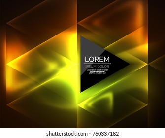 Color neon glowing triangles, abstract background. Vector techno glowing space with triangles and your message. Hi-tech wallpaper