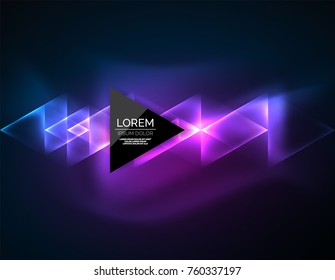 Color neon glowing triangles, abstract background. Vector techno glowing space with triangles and your message. Hi-tech wallpaper
