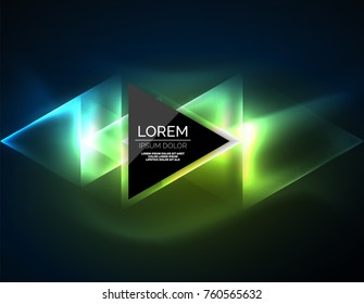 Color neon glowing triangles, abstract background. Vector techno glowing space with triangles and your message. Hi-tech wallpaper